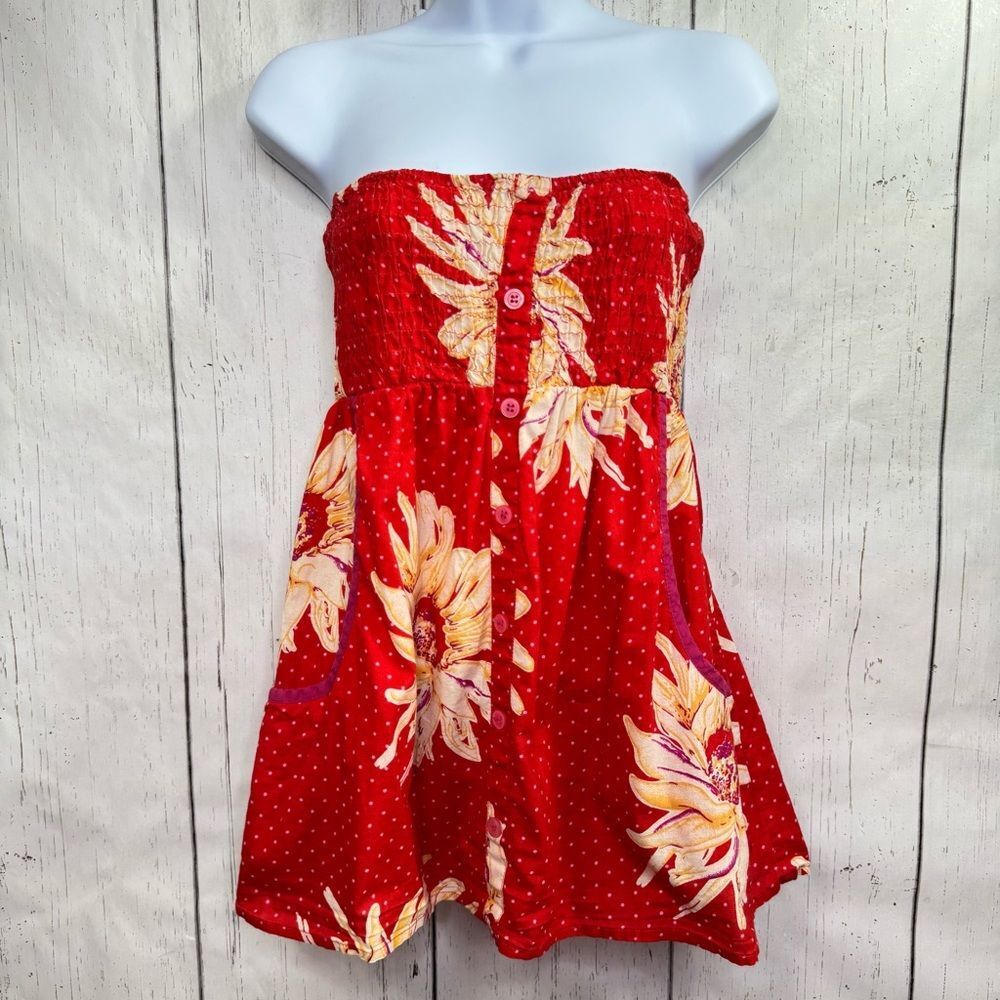 Wet Seal Red Floral Strapless Smocked Cotton Mini Dress Y2K Coquette Cottagecore